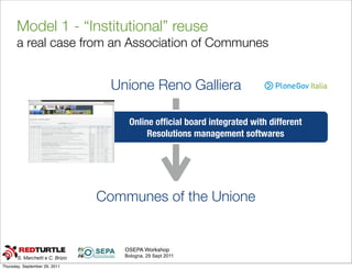Model 1 - “Institutional” reuse
       a real case from an Association of Communes


                                    Unione Reno Galliera                           Gov Italia



                                       Online ofﬁcial board integrated with different
                                            Resolutions management softwares




                                  Communes of the Unione


                                      OSEPA Workshop
       S. Marchetti e C. Brizio       Bologna, 29 Sept 2011

Thursday, September 29, 2011
 
