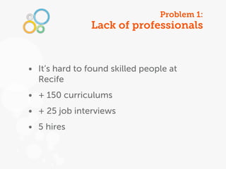 Problem 1:
                Lack of professionals



• It’s hard to found skilled people at
  Recife
• + 150 curriculums
• + 25 job interviews
• 5 hires
 