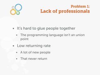 Problem 1:
               Lack of professionals


• It’s hard to glue people together
 • The programming language isn’t an union
   point

• Low returning rate
 • A lot of new people
 • That never return
 