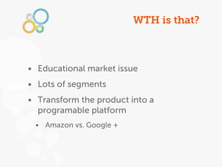 WTH is that?



• Educational market issue
• Lots of segments
• Transform the product into a
  programable platform
 • Amazon vs. Google +
 