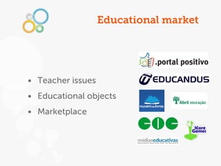 Educational market




• Teacher issues
• Educational objects
• Marketplace
 