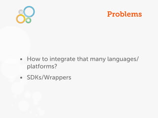 Problems




• How to integrate that many languages/
  platforms?
• SDKs/Wrappers
 