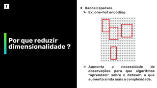 Por que reduzir
dimensionalidade ?
❖ Dados Esparsos
➢ Ex: one-hot encoding
➢ Aumenta a necessidade de
observações para que algoritmos
“aprendam” sobre o dataset, o que
aumenta ainda mais a complexidade.
 