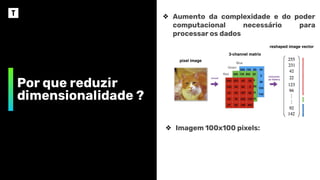 Por que reduzir
dimensionalidade ?
❖ Aumento da complexidade e do poder
computacional necessário para
processar os dados
❖ Imagem 100x100 pixels:
 