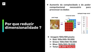 Por que reduzir
dimensionalidade ?
❖ Aumento da complexidade e do poder
computacional necessário para
processar os dados
❖ Imagem 100x100 pixels:
➢ Red: 100x100=10.000
➢ Green: 100x100=10.000
➢ Blue: 100x100=10.000
➢ Total: 30.000 features
 