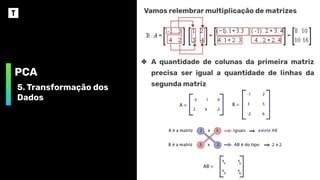 PCA
5. Transformação dos
Dados
Vamos relembrar multiplicação de matrizes
❖ A quantidade de colunas da primeira matriz
precisa ser igual a quantidade de linhas da
segunda matriz
 