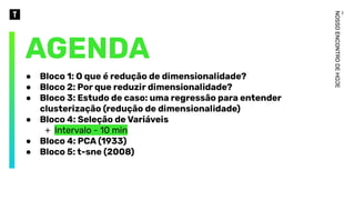 AGENDA
● Bloco 1: O que é redução de dimensionalidade?
● Bloco 2: Por que reduzir dimensionalidade?
● Bloco 3: Estudo de caso: uma regressão para entender
clusterização (redução de dimensionalidade)
● Bloco 4: Seleção de Variáveis
+ Intervalo - 10 min
● Bloco 4: PCA (1933)
● Bloco 5: t-sne (2008)
_
NOSSO
ENCONTRO
DE
HOJE
 