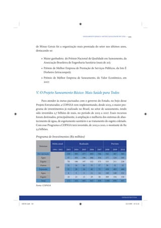 SANEAMENTO BÁSICO: SAÚDE E QUALIDADE DE VIDA •      101


                 de Minas Gerais foi a organização mais premiada do setor nos últimos anos,
                 destacando-se:

                     • Maior ganhadora do Prêmio Nacional de Qualidade em Saneamento, da
                       Associação Brasileira de Engenharia Sanitária (mais de 20);
                     • Prêmio de Melhor Empresa de Prestação de Serviços Públicos, da Isto É
                       Dinheiro (tetracampeã);
                     • Prêmio de Melhor Empresa de Saneamento, do Valor Econômico, em
                       2007.


                 V. O Projeto Saneamento Básico: Mais Saúde para Todos

                       Para atender às metas pactuadas com o governo do Estado, no bojo desse
                 Projeto Estruturador, a COPASA vem implementando, desde 2003, o maior pro-
                 grama de investimentos já realizado no Brasil, no setor de saneamento, tendo
                 sido investidos 2,7 bilhões de reais, no período de 2003 a 2007. Esses recursos
                 foram destinados, principalmente, à ampliação e melhoria dos sistemas de abas-
                 tecimento de água, de esgotamento sanitário e ao tratamento do esgoto coletado.
                 Com esse Programa a COPASA terá investido, de 2003 a 2010, o montante de R$
                 5,5 bilhões.

                 Programa de Investimentos (R$ milhões)

                                 Média anual                 Realizado                         Previsto
                   Sistemas
                                 1994 / 2002   2003   2004     2005      2006   2007   2008     2009      2010
                  Em operação                  158    305      477       803    766    542       367      365
                     Água                       57    103      196       466    354    177       124      105
                    Esgoto                     70     186      197       322    375    335       211      228
                    Outros                      31     16       84        35     37     30       32        32
                                    169
                   Expansão                     31     28       16        40     72    458       483      480
                     Água                       4      5        3         11     14    149       149      151
                    Esgoto                      10     23       13        29     58    309       334      330
                     Total                     172    333      493       843    838    1.000     850      845

                 Fonte: COPASA




                                                                                                           INFRAESTRUTURA


IDENE.indb 101                                                                                                   24/2/2009 10:32:26
 