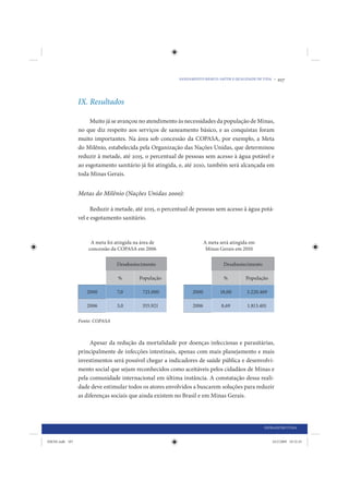 SANEAMENTO BÁSICO: SAÚDE E QUALIDADE DE VIDA •   107



                 IX. Resultados

                      Muito já se avançou no atendimento às necessidades da população de Minas,
                 no que diz respeito aos serviços de saneamento básico, e as conquistas foram
                 muito importantes. Na área sob concessão da COPASA, por exemplo, a Meta
                 do Milênio, estabelecida pela Organização das Nações Unidas, que determinou
                 reduzir à metade, até 2015, o percentual de pessoas sem acesso à água potável e
                 ao esgotamento sanitário já foi atingida, e, até 2010, também será alcançada em
                 toda Minas Gerais.


                 Metas do Milênio (Nações Unidas 2000):

                       Reduzir à metade, até 2015, o percentual de pessoas sem acesso à água potá-
                 vel e esgotamento sanitário.


                      A meta foi atingida na área de                   A meta será atingida em
                     concessão da COPASA em 2006                        Minas Gerais em 2010

                                 Desabastecimento                               Desabastecimento

                                  %         População                           %         População

                    2000          7,0        721.000            2000          18,00       3.220.469

                    2006          3,0        355.921            2006           8,69       1.813.401

                 Fonte: COPASA



                      Apesar da redução da mortalidade por doenças infecciosas e parasitárias,
                 principalmente de infecções intestinais, apenas com mais planejamento e mais
                 investimentos será possível chegar a indicadores de saúde pública e desenvolvi-
                 mento social que sejam reconhecidos como aceitáveis pelos cidadãos de Minas e
                 pela comunidade internacional em última instância. A constatação dessa reali-
                 dade deve estimular todos os atores envolvidos a buscarem soluções para reduzir
                 as diferenças sociais que ainda existem no Brasil e em Minas Gerais.




                                                                                                   INFRAESTRUTURA


IDENE.indb 107                                                                                        24/2/2009 10:32:43
 