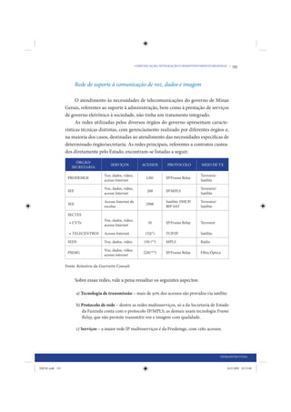 COMUNICAÇÃO, INTEGRAÇÃO E DESENVOLVIMENTO REGIONAL •   135


                        Rede de suporte à comunicação de voz, dados e imagem

                       O atendimento às necessidades de telecomunicações do governo de Minas
                 Gerais, referentes ao suporte à administração, bem como à prestação de serviços
                 de governo eletrônico à sociedade, não tinha um tratamento integrado.
                       As redes utilizadas pelos diversos órgãos do governo apresentam caracte-
                 rísticas técnicas distintas, com gerenciamento realizado por diferentes órgãos e,
                 na maioria dos casos, destinadas ao atendimento das necessidades específicas de
                 determinado órgão/secretaria. As redes principais, referentes a contratos custea-
                 dos diretamente pelo Estado, encontram-se listadas a seguir.

                      ÓRGÃO/
                                           SERVIÇOS             ACESSOS      PROTOCOLO          MEIO DE TX
                    SECRETARIA

                                       Voz, dados, vídeo,                                      Terrestre/
                  PRODEMGE                                        1281       IP/Frame Relay
                                       acesso Internet                                         Satélite

                                       Voz, dados, vídeo,                                      Terrestre/
                  SEF                                              208       IP/MPLS
                                       acesso Internet                                         Satélite

                                       Acesso Internet de                    Satélite: DHCP/   Terrestre/
                  SEE                                             2988
                                       escolas                               BIP SAT           Satélite

                  SECTES
                                       Voz, dados, vídeo,
                   • CVTs                                          50        IP/Frame Relay    Terrestre
                                       acesso Internet

                   • TELECENTROS       Acesso Internet           132(*)      TCP/IP            Satélite

                  SEDS                 Voz, dados, vídeo         150 (**)    MPLS              Rádio

                                       Voz, dados, vídeo,
                  PMMG                                          228(***)     IP/Frame Relay    Fibra Óptica
                                       acesso internet

                 Fonte: Relatório da Guerreiro Consult


                        Sobre essas redes, vale a pena ressaltar os seguintes aspectos:

                        a) Tecnologia de transmissão – mais de 50% dos acessos são providos via satélite.

                        b) Protocolo de rede – dentre as redes multisserviços, só a da Secretaria de Estado
                           da Fazenda conta com o protocolo IP/MPLS; as demais usam tecnologia Frame
                           Relay, que não permite transmitir voz e imagem com qualidade.

                        c) Serviços – a maior rede IP multisserviços é da Prodemge, com 1280 acessos.




                                                                                                            INFRAESTRUTURA


IDENE.indb 135                                                                                                 24/2/2009 10:33:00
 
