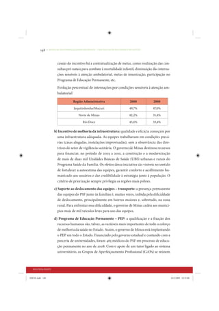 148     • REDUÇÃO DAS DESIGUALDADES REGIONAIS – UMA DAS FACES DO CHOQUE DE GESTÃO




                         cessão do incentivo há a contratualização de metas, como: realização das con-
                         sultas pré-natais para combate à mortalidade infantil, diminuição das interna-
                         ções sensíveis à atenção ambulatorial, metas de imunização, participação no
                         Programa de Educação Permanente, etc.

                         Evolução percentual de internações por condições sensíveis à atenção am-
                         bulatorial

                                     Região Administrativa                       2000        2008

                                      Jequitinhonha/Mucuri                       49,7%       47,0%

                                         Norte de Minas                          42,2%       31,4%

                                             Rio Doce                            45,6%       33,4%

                      b) Incentivo de melhoria da infraestrutura: qualidade e eficácia começam por
                        uma infraestrutura adequada. As equipes trabalhavam em condições precá-
                        rias (casas alugadas, instalações improvisadas), sem a observância das dire-
                        trizes do setor de vigilância sanitária. O governo de Minas destinou recursos
                        para financiar, no período de 2003 a 2010, a construção e a modernização
                        de mais de duas mil Unidades Básicas de Saúde (UBS) urbanas e rurais do
                        Programa Saúde da Família. Os efeitos dessa iniciativa são visíveis no sentido
                        de fortalecer a autoestima das equipes, garantir conforto e acolhimento hu-
                        manizado aos usuários e dar credibilidade à estratégia junto à população. O
                        critério de priorização sempre privilegia as regiões mais pobres.

                      c) Suporte ao deslocamento das equipes – transporte: a presença permanente
                         das equipes do PSF junto às famílias é, muitas vezes, inibida pela dificuldade
                         de deslocamento, principalmente em bairros maiores e, sobretudo, na zona
                         rural. Para enfrentar essa dificuldade, o governo de Minas cedeu aos municí-
                         pios mais de mil veículos leves para uso das equipes.

                      d) Programa de Educação Permanente – PEP: a qualificação e a fixação dos
                        recursos humanos são, talvez, as variáveis mais importantes de todo o esforço
                        de melhoria da saúde no Estado. Assim, o governo de Minas está implantando
                        o PEP em todo o Estado. Financiado pelo governo estadual e contando com a
                        parceria de universidades, foram 465 médicos do PSF em processo de educa-
                        ção permanente no ano de 2008. Com o apoio de um tutor ligado ao sistema
                        universitário, os Grupos de Aperfeiçoamento Profissional (GAPs) se reúnem



  SEGUNDA PARTE


IDENE.indb 148                                                                                            24/2/2009 10:33:08
 