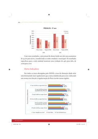 180     • REDUÇÃO DAS DESIGUALDADES REGIONAIS – UMA DAS FACES DO CHOQUE DE GESTÃO




                      Com esses resultados, o percentual de alunos lendo aos oito anos aumentou
                 de 45,2% para 58,1%, considerando as redes estadual e municipal. Os resultados
                 específicos para a rede estadual mostram uma evolução de 49% para 66%, de
                 2006 para 2007.


                      Outros Indicadores

                      Em todas as áreas abrangidas pelo IDENE a taxa de distorção idade-série
                 está diminuindo mais rapidamente que a meta estabelecida para 2007, indicando
                 um avanço em direção à regularização do fluxo escolar nessas regiões.




  SEGUNDA PARTE


IDENE.indb 180                                                                                    24/2/2009 10:34:30
 