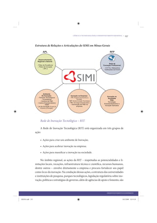 CIÊNCIA E TECNOLOGIA PARA O DESENVOLVIMENTO REGIONAL •   237


                 Estrutura de Relações e Articulações do SIMI em Minas Gerais




                     Rede de Inovação Tecnológica – RIT

                     A Rede de Inovação Tecnológica (RIT) está organizada em três grupos de
                 ação:

                     • Ações para criar um ambiente de Inovação;

                     • Ações para acelerar inovação na empresa;

                     • Ações para massificar a inovação na sociedade.

                      No âmbito regional, as ações da RIT – respeitadas as potencialidades e li-
                 mitações locais, vocações, infraestrutura técnica e científica, recursos humanos,
                 dentre outros – envolve diretamente a empresa e procura fortalecer seu papel
                 como locus da inovação. Na condução dessas ações, a estrutura das universidades
                 e instituições de pesquisa, parques tecnológicos, legislação regulatória sobre ino-
                 vação, políticas e estratégias de governo, além de agências de apoio e fomento, são



                                                                                        DESENVOLVIMENTO ECONÔMICO


IDENE.indb 237                                                                                          24/2/2009 10:35:29
 
