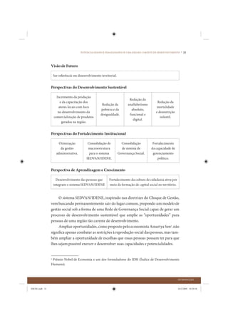 POTENCIALIDADES E FRAGILIDADES DE UMA REGIÃO CARENTE DE DESENVOLVIMENTO •   31


                Visão de Futuro

                 Ser referência em desenvolvimento territorial.


                Perspectivas do Desenvolvimento Sustentável

                   Incremento da produção
                                                                         Redução do
                     e da capacitação dos                                                   Redução da
                                                    Redução da          analfabetismo
                    atores locais com foco                                                 mortalidade
                                                   pobreza e da           absoluto,
                    no desenvolvimento da                                                  e desnutrição
                                                   desigualdade.         funcional e
                 comercialização de produtos                                                  infantil.
                                                                           digital.
                      gerados na região.


                Perspectivas do Fortalecimento Institucional

                     Otimização           Consolidação de           Consolidação         Fortalecimento
                      da gestão           macroestrutura            de sistema de       da capacidade de
                   administrativa.         para o sistema         Governança Social.     gerenciamento
                                         SEDVAN/IDENE.                                      político.


                Perspectiva de Aprendizagem e Crescimento

                   Desenvolvimento das pessoas que       Fortalecimento da cultura de cidadania ativa por
                 integram o sistema SEDVAN/IDENE         meio da formação de capital social no território.


                     O sistema SEDVAN/IDENE, inspirado nas diretrizes do Choque de Gestão,
                vem buscando permanentemente sair do lugar comum, propondo um modelo de
                gestão social sob a forma de uma Rede de Governança Social capaz de gerar um
                processo de desenvolvimento sustentável que amplie as “oportunidades” para
                pessoas de uma região tão carente de desenvolvimento.
                     Ampliar oportunidades, como proposto pelo economista Amartya Sen3, não
                significa apenas combater as restrições à reprodução social das pessoas, mas tam-
                bém ampliar a oportunidade de escolhas que essas pessoas possam ter para que
                lhes sejam possível exercer e desenvolver suas capacidades e potencialidades.


                3
                  Prêmio Nobel de Economia e um dos formuladores do IDH (Índice de Desenvolvimento
                Humano).



                                                                                                             INTRODUÇÃO


IDENE.indb 31                                                                                                24/2/2009 10:30:56
 