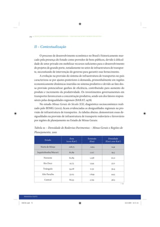 72     • REDUÇÃO DAS DESIGUALDADES REGIONAIS – UMA DAS FACES DO CHOQUE DE GESTÃO




                 II – Contextualização

                      O processo de desenvolvimento econômico no Brasil é historicamente mar-
                 cado pela presença do Estado como provedor de bens públicos, devido à dificul-
                 dade do setor privado em mobilizar recursos suficientes para o desenvolvimento
                 de projetos de grande porte, notadamente no setor de infraestrutura de transpor-
                 te, necessitando de intervenção do governo para garantir esse fornecimento.
                      A evolução na provisão do sistema de infraestrutura de transportes no país
                 caracterizou-se por ajustes posteriores à demanda, primordialmente em regiões
                 economicamente dinâmicas inseridas no sistema produtivo e devido ao fato des-
                 sa provisão potencializar ganhos de eficiência, contribuindo para aumento do
                 produto e incremento da produtividade. Os investimentos governamentais em
                 transportes favoreceram a concentração produtiva, sendo um dos fatores respon-
                 sáveis pelas desigualdades regionais (BARAT, 1978).
                      No estudo Minas Gerais do Século XXI, diagnóstico socioeconômico reali-
                 zado pelo BDMG (2002), ficam evidenciadas as desigualdades regionais na pro-
                 visão de infraestrutura de transportes. As tabelas abaixo, demonstram essas de-
                 sigualdades na provisão de infraestrutura de transporte rodoviário e ferroviário
                 por regiões de planejamento no Estado de Minas Gerais:

                 Tabela 01 – Densidade de Rodovias Pavimentas – Minas Gerais e Regiões de
                 Planejamento, 2001

                                                      Área                Extensão            Densidade
                            Estado
                                                   (1000 Km2)              (Km)             (Km/1.000 Km2)

                        Norte de Minas                128,73                1.914                14,9

                    Jequitinhonha/Mucuri              62,89                 1,217                19,3

                           Noroeste                   62,89                 1,258                20,0

                           Rio Doce                   41,73                 1,545                37,0

                          Triângulo                   54,08                 2.131                39,4

                         Alto Paraíba                 37,03                 1.649                44,5

                            Central                   80,53                 3.745                46,5




  PRIMEIRA PARTE


IDENE.indb 72                                                                                                24/2/2009 10:31:34
 