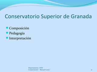 Conservatorio Superior de Granada
Composición
Pedagogía
Interpretación
Departamento OFEI
Conservatorio`` Manuel Carra´´ 21
 