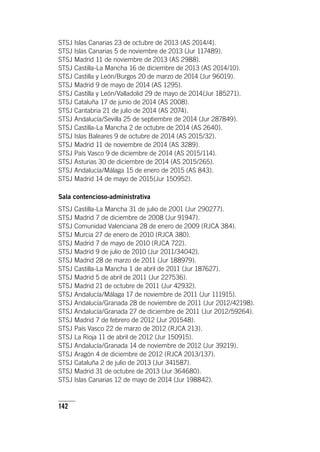 142
STSJ Islas Canarias 23 de octubre de 2013 (AS 2014/4).
STSJ Islas Canarias 5 de noviembre de 2013 (Jur 117489).
STSJ Madrid 11 de noviembre de 2013 (AS 2988).
STSJ Castilla-La Mancha 16 de diciembre de 2013 (AS 2014/10).
STSJ Castilla y León/Burgos 20 de marzo de 2014 (Jur 96019).
STSJ Madrid 9 de mayo de 2014 (AS 1295).
STSJ Castilla y León/Valladolid 29 de mayo de 2014(Jur 185271).
STSJ Cataluña 17 de junio de 2014 (AS 2008).
STSJ Cantabria 21 de julio de 2014 (AS 2074).
STSJ Andalucía/Sevilla 25 de septiembre de 2014 (Jur 287849).
STSJ Castilla-La Mancha 2 de octubre de 2014 (AS 2640).
STSJ Islas Baleares 9 de octubre de 2014 (AS 2015/32).
STSJ Madrid 11 de noviembre de 2014 (AS 3289).
STSJ País Vasco 9 de diciembre de 2014 (AS 2015/114).
STSJ Asturias 30 de diciembre de 2014 (AS 2015/265).
STSJ Andalucía/Málaga 15 de enero de 2015 (AS 843).
STSJ Madrid 14 de mayo de 2015(Jur 150952).
Sala contencioso-administrativa
STSJ Castilla-La Mancha 31 de julio de 2001 (Jur 290277).
STSJ Madrid 7 de diciembre de 2008 (Jur 91947).
STSJ Comunidad Valenciana 28 de enero de 2009 (RJCA 384).
STSJ Murcia 27 de enero de 2010 (RJCA 380).
STSJ Madrid 7 de mayo de 2010 (RJCA 722).
STSJ Madrid 9 de julio de 2010 (Jur 2011/34042).
STSJ Madrid 28 de marzo de 2011 (Jur 188979).
STSJ Castilla-La Mancha 1 de abril de 2011 (Jur 187627).
STSJ Madrid 5 de abril de 2011 (Jur 227536).
STSJ Madrid 21 de octubre de 2011 (Jur 42932).
STSJ Andalucía/Málaga 17 de noviembre de 2011 (Jur 111915).
STSJ Andalucía/Granada 28 de noviembre de 2011 (Jur 2012/42198).
STSJ Andalucía/Granada 27 de diciembre de 2011 (Jur 2012/59264).
STSJ Madrid 7 de febrero de 2012 (Jur 201548).
STSJ País Vasco 22 de marzo de 2012 (RJCA 213).
STSJ La Rioja 11 de abril de 2012 (Jur 150915).
STSJ Andalucía/Granada 14 de noviembre de 2012 (Jur 39219).
STSJ Aragón 4 de diciembre de 2012 (RJCA 2013/137).
STSJ Cataluña 2 de julio de 2013 (Jur 341587).
STSJ Madrid 31 de octubre de 2013 (Jur 364680).
STSJ Islas Canarias 12 de mayo de 2014 (Jur 198842).
 