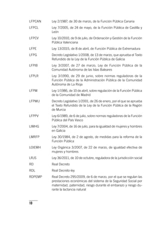 10
LFPCAN	Ley 2/1987, de 30 de marzo, de la Función Pública Canaria
LFPCL	Ley 7/2005, de 24 de mayo, de la Función Pública de Castilla y
León
LFPCV	Ley 10/2010, de 9 de julio, de Ordenación y Gestión de la Función
Pública Valenciana
LFPE	Ley 13/2015, de 8 de abril, de Función Pública de Extremadura
LFPG	Decreto Legislativo 1/2008, de 13 de marzo, que aprueba el Texto
Refundido de la Ley de la Función Pública de Galicia
LFPIB	Ley 3/2007, de 27 de marzo, Ley de Función Pública de la
Comunidad Autónoma de las Islas Baleares
LFPLR	Ley 3/1990, de 29 de junio, sobre normas reguladoras de la
Función Pública de la Administración Pública de la Comunidad
Autónoma de La Rioja
LFPM	Ley 1/1986, de 10 de abril, sobre regulación de la Función Pública
de la Comunidad de Madrid
LFPMU	Decreto Legislativo 1/2001, de 26 de enero, por el que se aprueba
el Texto Refundido de la Ley de la Función Pública de la Región
de Murcia
LFPPV	Ley 6/1989, de 6 de julio, sobre normas reguladoras de la Función
Pública del País Vasco
LIMHG	Ley 7/2004, de 16 de julio, para la igualdad de mujeres y hombres
en Galicia
LMRFP	Ley 30/1984, de 2 de agosto, de medidas para la reforma de la
Función Pública
LOIEMH	Ley Orgánica 3/2007, de 22 de marzo, de igualdad efectiva de
mujeres y hombres
LRJS	Ley 36/2011, de 10 de octubre, reguladora de la jurisdicción social
RD	Real Decreto
RDL	Real Decreto-ley
RDPEMP	Real Decreto 295/2009, de 6 de marzo, por el que se regulan las
prestaciones económicas del sistema de la Seguridad Social por
maternidad, paternidad, riesgo durante el embarazo y riesgo du-
rante la lactancia natural
 