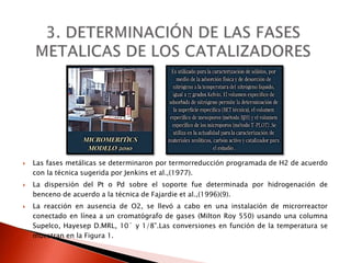  Las fases metálicas se determinaron por termorreducción programada de H2 de acuerdo
con la técnica sugerida por Jenkins et al.,(1977).
 La dispersión del Pt o Pd sobre el soporte fue determinada por hidrogenación de
benceno de acuerdo a la técnica de Fajardie et al.,(1996)(9).
 La reacción en ausencia de O2, se llevó a cabo en una instalación de microrreactor
conectado en línea a un cromatógrafo de gases (Milton Roy 550) usando una columna
Supelco, Hayesep D.MRL, 10´ y 1/8”.Las conversiones en función de la temperatura se
muestran en la Figura 1.
 