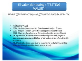 El	
  valor	
  de	
  tes;ng	
  (“TESTING	
  
VALUE”)	
  
𝑇𝑉=​1/2 [∑↑▒𝐷𝐶𝐷𝑃 ∗ 𝐶𝐶𝐸𝐷]+​1/2 [∑↑▒(𝐷𝐶𝐷𝑃∗ 𝐷𝐶𝐶𝑃) ]+ 𝑆𝐵𝐿𝑅− 𝑇𝐵𝐿	
  

TV	
  (Tes;ng	
  Value)	
  
DCDP	
  (Defect	
  Correc;ons	
  per	
  Development	
  project	
  Phase)	
  
CCED	
  (Project	
  Support	
  Correc;on	
  Cost	
  per	
  End-­‐user	
  Defect)	
  
DCCP	
  	
  (Average	
  Development	
  Correc;on	
  Cost	
  by	
  project	
  Phase)	
  
SBLR	
  (SoOware	
  Business	
  Loss	
  due	
  to	
  tes;ng	
  Risks	
  this	
  project’s	
  	
  
business	
  sponsor	
  assumed	
  in	
  lieu	
  of	
  correc;on	
  and,	
  in	
  fact,	
  the	
  risk	
  	
  
occurred).	
  
•  TBL	
  (Tes;ng	
  Business	
  Loss	
  due	
  to	
  incomplete	
  test	
  planning	
  or	
  test	
  
execu;on	
  that	
  allowed	
  business	
  loss	
  to	
  occur).	
  
• 
• 
• 
• 
• 

 