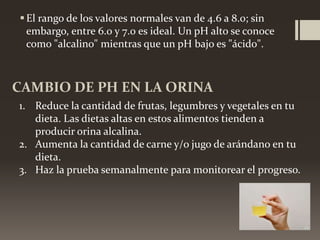  El rango de los valores normales van de 4.6 a 8.0; sin
embargo, entre 6.0 y 7.0 es ideal. Un pH alto se conoce
como "alcalino" mientras que un pH bajo es "ácido".

CAMBIO DE PH EN LA ORINA
1. Reduce la cantidad de frutas, legumbres y vegetales en tu
dieta. Las dietas altas en estos alimentos tienden a
producir orina alcalina.
2. Aumenta la cantidad de carne y/o jugo de arándano en tu
dieta.
3. Haz la prueba semanalmente para monitorear el progreso.

 