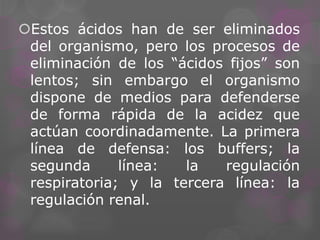 Estos ácidos han de ser eliminados
del organismo, pero los procesos de
eliminación de los “ácidos fijos” son
lentos; sin embargo el organismo
dispone de medios para defenderse
de forma rápida de la acidez que
actúan coordinadamente. La primera
línea de defensa: los buffers; la
segunda
línea:
la
regulación
respiratoria; y la tercera línea: la
regulación renal.

 