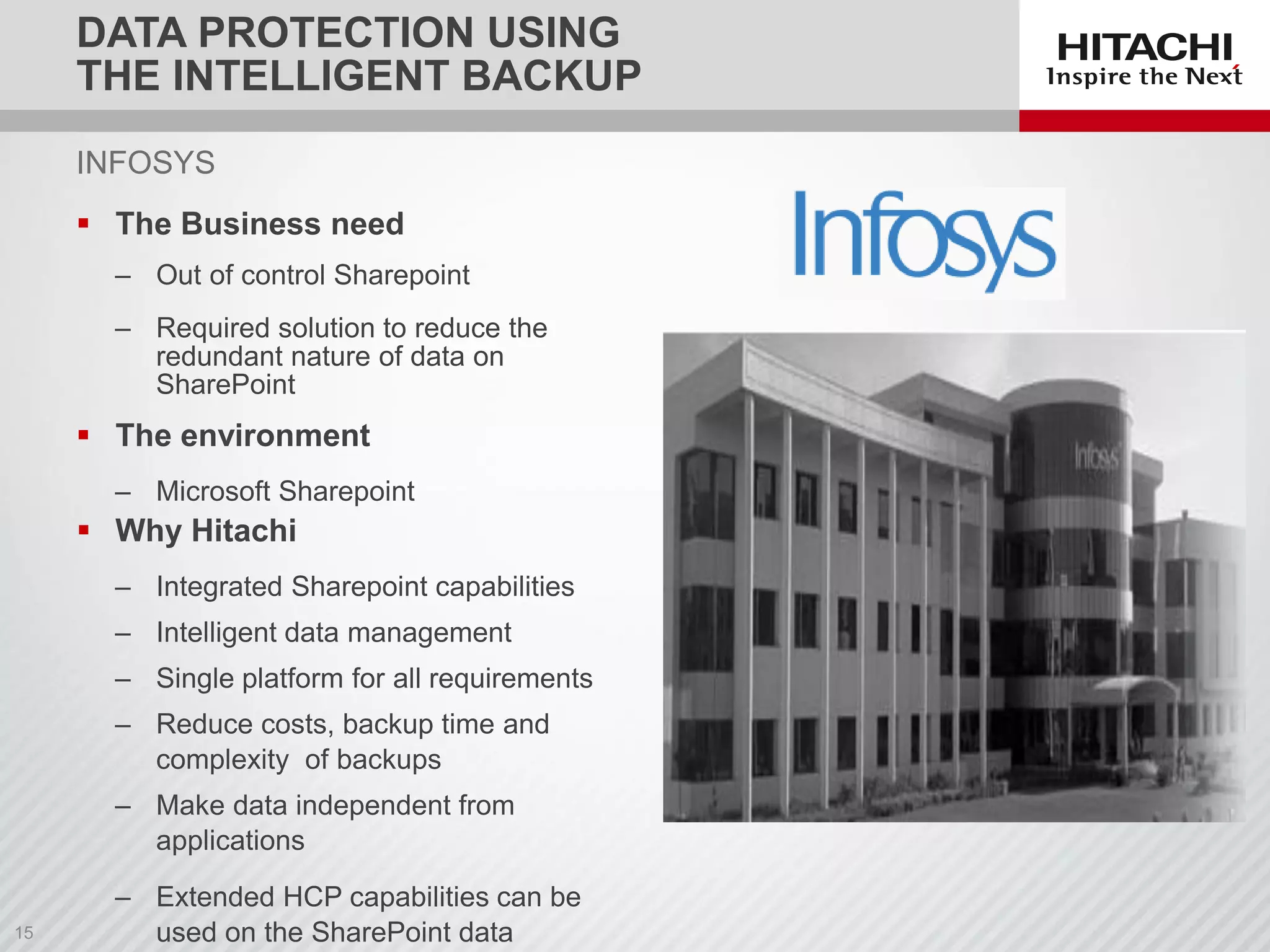 INFOSYS
 The Business need
‒ Out of control Sharepoint
‒ Required solution to reduce the
redundant nature of data on
SharePoint
 The environment
‒ Microsoft Sharepoint
 Why Hitachi
‒ Integrated Sharepoint capabilities
‒ Intelligent data management
‒ Single platform for all requirements
‒ Reduce costs, backup time and
complexity of backups
‒ Make data independent from
applications
‒ Extended HCP capabilities can be
used on the SharePoint data
DATA PROTECTION USING
THE INTELLIGENT BACKUP
 