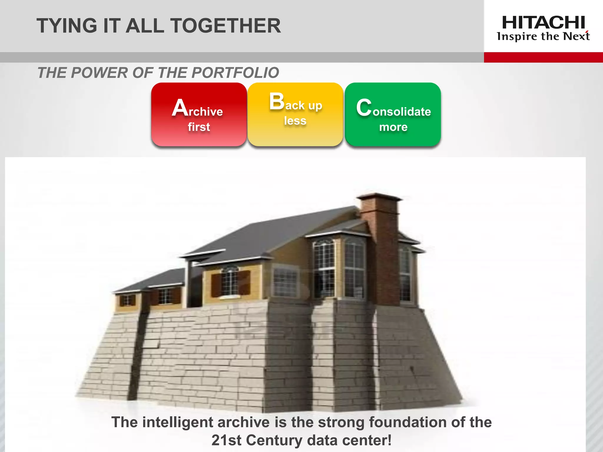 TYING IT ALL TOGETHER
EDGE
STORAGE
ALTERNATE DATA
CENTER
REMOTE
OFFICE
APPLICATION APPLICATION APPLICATION
CLOUD
STORAGE
HDDS
SEARCH ACROSS
THE POWER OF THE PORTFOLIO
Reduce the
cost of
storing data
Reduce the
cost of
protecting
data
Do more with
less
Archive
first
Back up
less
Consolidate
more
The intelligent archive is the strong foundation of the
21st Century data center!
 
