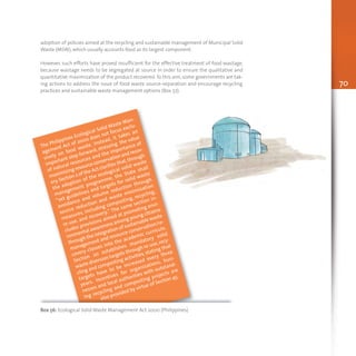 The Philippines Ecological Solid Waste Man-
agement Act of 2000 does not focus exclu-
sively on food waste. Instead, it takes an
important step forward, stressing the value
of natural resources and the importance of
maximizing resource conservation and recov-
ery.Section 2 of the Act clarifies that,through
the adoption of the ecological solid waste
management programme, the State shall
“set guidelines and targets for solid waste
avoidance and volume reduction through
source reduction and waste minimization
measures, including composting, recycling,
re-use, and recovery.” The same section in-
cludes provisions aimed at promoting envi-
ronmental awareness among young citizens
through the integration of sustainable waste
management and resource conservation/re-
covery classes into the academic curricula.
Section 20 establishes mandatory solid
waste diversion targets through re-use,recy-
cling and composting activities, stating that
targets have to be increased every three
years. Incentives for organizations, busi-
nesses and local authorities with outstand-
ing recycling and composting projects are
also provided by virtue of Section 45.
70
adoption of policies aimed at the recycling and sustainable management of Municipal Solid
Waste (MSW), which usually accounts food as its largest component.
However, such efforts have proved insufficient for the effective treatment of food wastage,
because wastage needs to be segregated at source in order to ensure the qualitative and
quantitative maximization of the product recovered.To this aim, some governments are tak-
ing actions to address the issue of food waste source-separation and encourage recycling
practices and sustainable waste management options (Box 57).
Box 56: Ecological Solid Waste Management Act 2000 (Philippines)
 