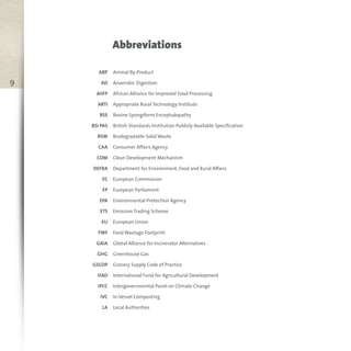 9
Abbreviations
ABP
AD
AIIFP
ARTI
BSE
BSI PAS
BSW
CAA
CDM
DEFRA
EC
EP
EPA
ETS
EU
FWF
GAIA
GHG
GSCOP
IFAD
IPCC
IVC
LA
Animal By-Product
Anaerobic Digestion
African Alliance for Improved Food Processing
Appropriate Rural Technology Institute
Bovine Spongiform Encephalopathy
British Standards Institution Publicly Available Specification
Biodegradable Solid Waste
Consumer Affairs Agency
Clean Development Mechanism
Department for Environment, Food and Rural Affairs
European Commission
European Parliament
Environmental Protection Agency
Emission Trading Scheme
European Union
Food Wastage Footprint
Global Alliance for Incinerator Alternatives
Greenhouse Gas
Grocery Supply Code of Practice
International Fund for Agricultural Development
Intergovernmental Panel on Climate Change
In-Vessel Composting
Local Authorities
 