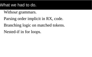 What we had to do.
Without grammars.
Parsing order implicit in RX, code.
Branching logic on matched tokens.
Nested-if in for loops.
 