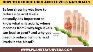 HOW TO REDUCE URIC ACID LEVELS NATURALLY
WWW.PLANETAYURVEDA.COM
Before showing you how to
reduce uric acid levels
naturally, it's important to
know what uric acid is, where
it comes from? why high levels
can lead to gout? and why you
need to reduce high uric acid
levels in the blood?
 
