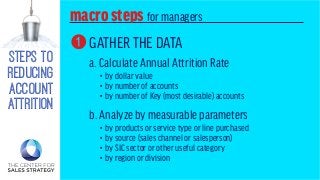 steps to
reducing
account
attrition
macrostepsfor managers
GATHER THE DATA
a. Calculate Annual Attrition Rate
b. Analyze by measurable parameters
• by dollar value
• by number of accounts
• by number of Key (most desirable) accounts
• by products or service type or line purchased
• by source (sales channel or salesperson)
• by SIC sector or other useful category
• by region or division
1
 