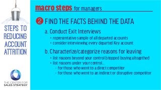 steps to
reducing
account
attrition
macrostepsfor managers
FIND THE FACTS BEHIND THE DATA
a. Conduct Exit Interviews
• representative sample of all departed accounts
• consider interviewing every departed Key account
2
b. Characterize/categorize reasons for leaving
• list reasons beyond your control (stopped buying altogether)
• list reasons under your control...
	 - for those who went to a direct competitor
	 - for those who went to an indirect or disruptive competitor
 