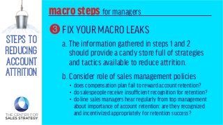 steps to
reducing
account
attrition
macrostepsfor managers
FIX YOUR MACRO LEAKS
a. The information gathered in steps 1 and 2
should provide a candy store full of strategies
and tactics available to reduce attrition.
b. Consider role of sales management policies
3
• does compensation plan fail to reward account retention?
• do salespeople receive insufficient recognition for retention?
• do line sales managers hear regularly from top management
about importance of account retention; are they recognized
and incentivized appropriately for retention success?
 