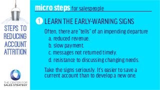 steps to
reducing
account
attrition
microstepsfor salespeople
LEARN THE EARLY-WARNING SIGNS
Often, there are “tells” of an impending departure 
a. reduced revenue.
b. slow payment.
c. messages not returned timely.
d. resistance to discussing changing needs.
Take the signs seriously. It’s easier to save a
current account than to develop a new one.
1
 