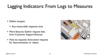 © 2023 Johanna Rothman
@johannarothman
Lagging Indicators: From Logs to Measures
• Defect escapes:
• Any measurable response time
• More features: Gather request data
from Customer Support/Success
• How-to requests: Instrument requests
for documentation or videos
23
 