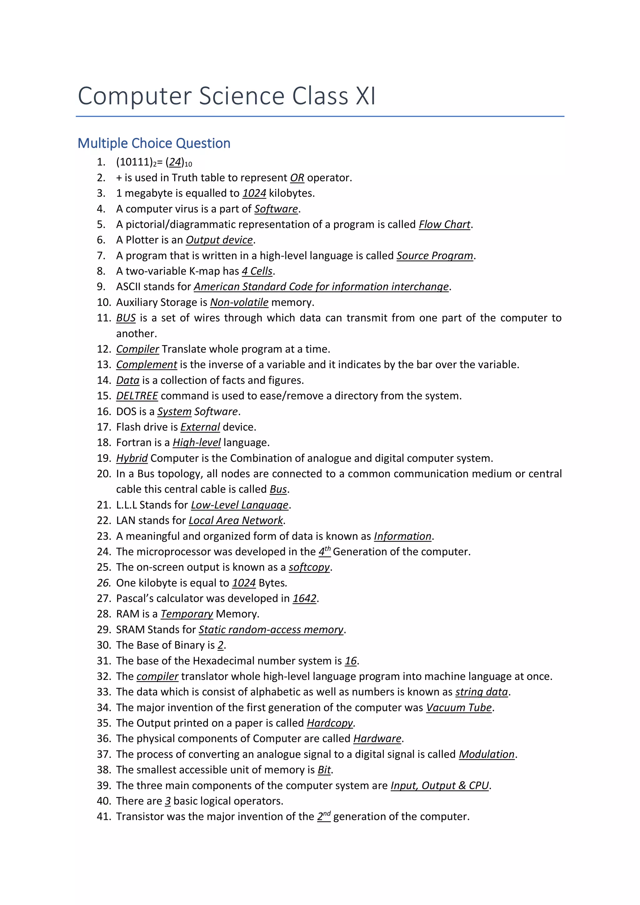 Reduce course notes class xi
