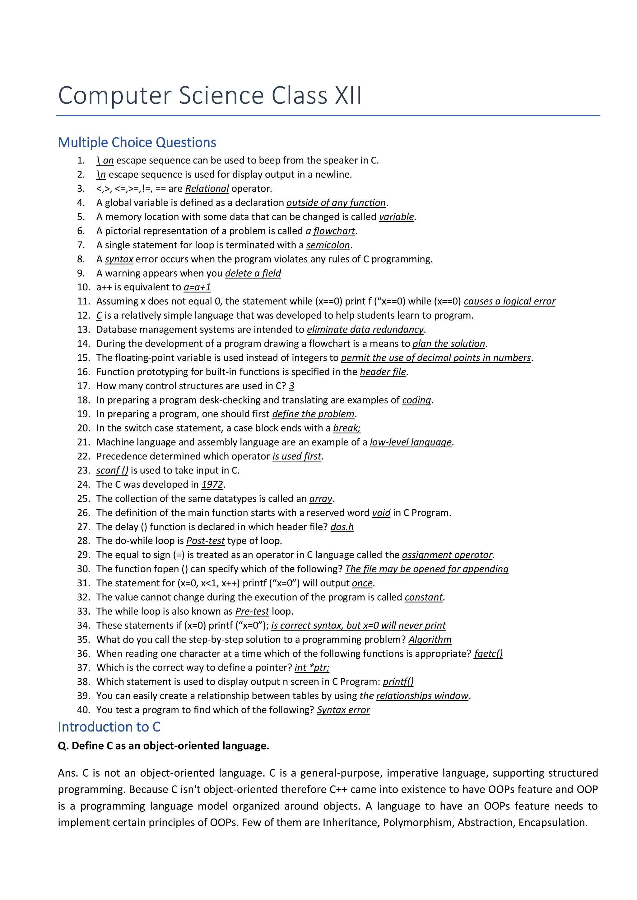 Reduce course notes class xii