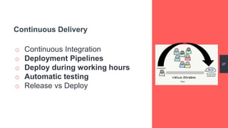 o Continuous Integration
o Deployment Pipelines
o Deploy during working hours
o Automatic testing
o Release vs Deploy
27
Continuous Delivery
 