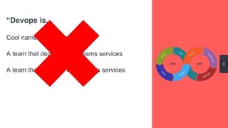 “Devops is...
Cool name for sysadmins
6
A team that deploys other teams services
A team that operates other teams services
 