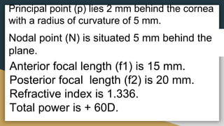 Principal point (p) lies 2 mm behind the cornea
with a radius of curvature of 5 mm.
Nodal point (N) is situated 5 mm behind the
plane.
Anterior focal length (f1) is 15 mm.
Posterior focal length (f2) is 20 mm.
Refractive index is 1.336.
Total power is + 60D.
 