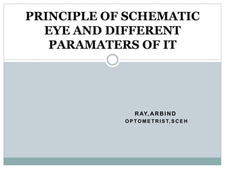 RAY,ARBIND
O P TO M E T R I S T, S C E H
PRINCIPLE OF SCHEMATIC
EYE AND DIFFERENT
PARAMATERS OF IT
 