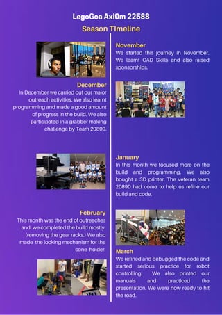 LegoGoa Axi0m 22588
Season TImeline
November
We started this journey in November.
We learnt CAD Skills and also raised
sponsorships.
December
In December we carried out our major
outreach activities. We also learnt
programming and made a good amount
of progress in the build. We also
participated in a grabber making
challenge by Team 20890.
January
In this month we focused more on the
build and programming. We also
bought a 3D printer. The veteran team
20890 had come to help us refine our
build and code.
February
This month was the end of outreaches
and we completed the build mostly.
(removing the gear racks.) We also
made the locking mechanism for the
cone holder. March
We refined and debugged the code and
started serious practice for robot
controlling. We also printed our
manuals and practiced the
presentation. We were now ready to hit
the road.
 