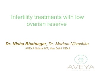 Infertility treatments with low
ovarian reserve
Dr. Nisha Bhatnagar, Dr. Markus Nitzschke
AVEYA Natural IVF, New Delhi, INDIA
 