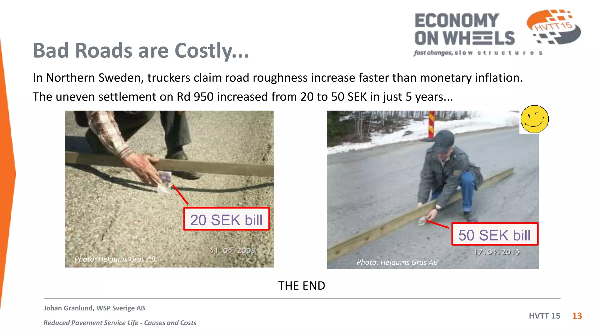 HVTT 15
Bad Roads are Costly...
In Northern Sweden, truckers claim road roughness increase faster than monetary inflation.
The uneven settlement on Rd 950 increased from 20 to 50 SEK in just 5 years...
13
Johan Granlund, WSP Sverige AB
Reduced Pavement Service Life - Causes and Costs
20 SEK bill
50 SEK bill
THE END
Photo: Helgums Grus ABPhoto: Helgums Grus AB
 