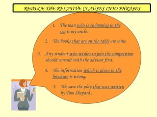 1. The man  who is swimming in the  sea  is my  uncle. 2. The books  that are on the table  are mine. 3. Any student  who wishes to join the competition  should consult with the advisor   first. 4. The information  which is given in the brochure  is wrong . 5.  We saw the play  that was written  by Tom Shepard  . REDUCE THE RELATIVE CLAUSES INTO PHRASES 
