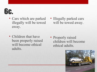 6c.
• Cars which are parked
illegally will be towed
away.
• Children that have
been properly raised
will become ethical
adults.
• Illegally parked cars
will be towed away.
• Properly raised
children will become
ethical adults.
 