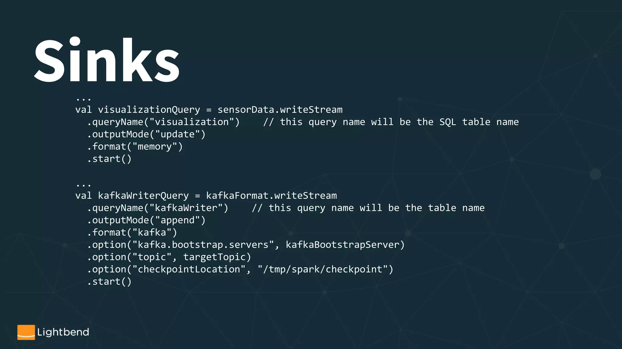 Sinks...
val visualizationQuery = sensorData.writeStream
.queryName("visualization") // this query name will be the SQL table name
.outputMode("update")
.format("memory")
.start()
...
val kafkaWriterQuery = kafkaFormat.writeStream
.queryName("kafkaWriter") // this query name will be the table name
.outputMode("append")
.format("kafka")
.option("kafka.bootstrap.servers", kafkaBootstrapServer)
.option("topic", targetTopic)
.option("checkpointLocation", "/tmp/spark/checkpoint")
.start()
 