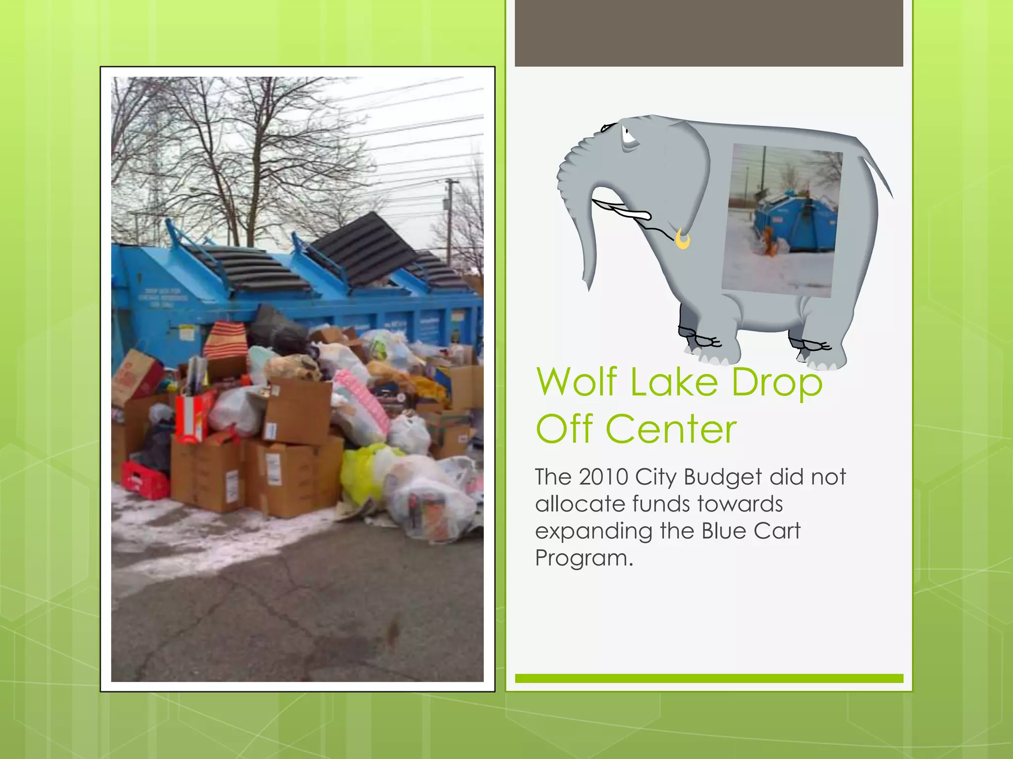 Wolf Lake Drop Off Center	The 2010 City Budget did not allocate funds towards expanding the Blue Cart Program.